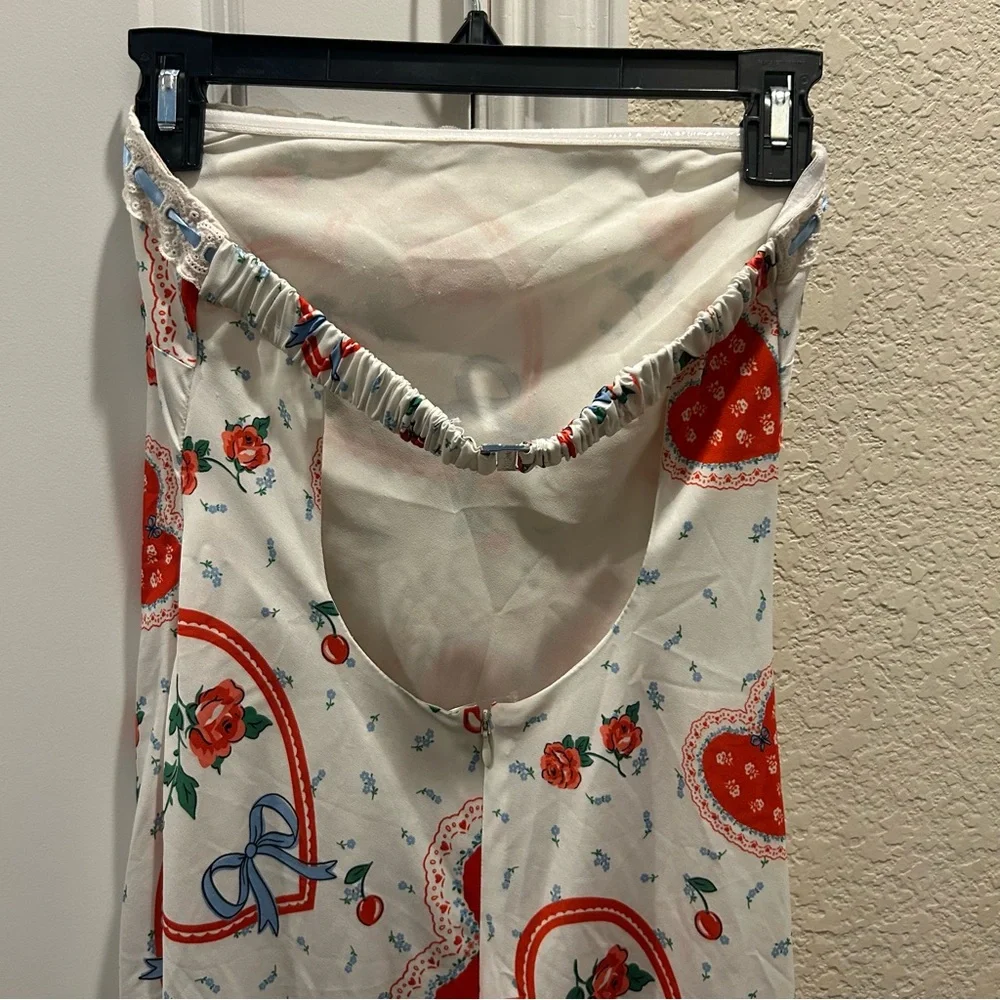 For Love & Lemons Daisy Mae Heart Cherry Print Strapless Ruffle Midi Dress - Picture 11 of 12